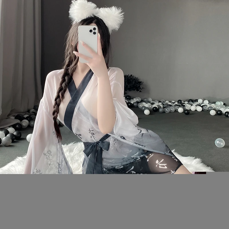 Japanese Kimono Women Sexy Lingerie See Through Mesh Nightgown Bathrobe Pajama Temptation Nightwear Robes cosplay sexy costume