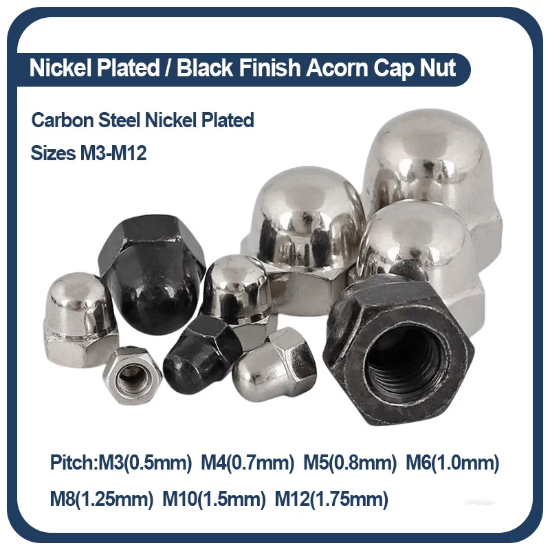 Black Nickel Plated Carbon Steel Acorn Dome Cap Nut Decorative Ball Head Nut Anti Rust Furniture Auto Hardware Bolt Cover M3-M12