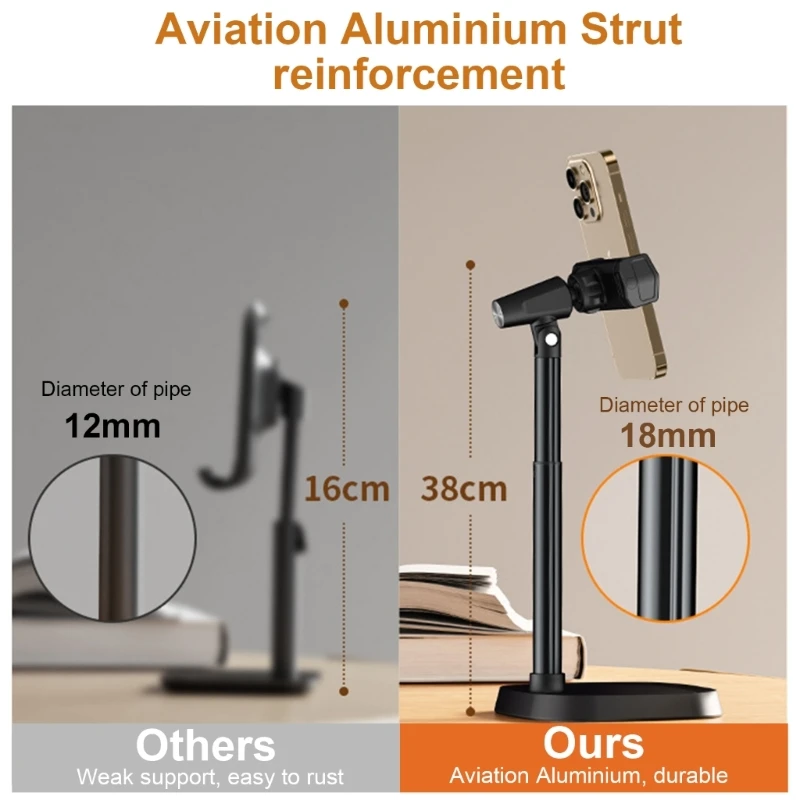 Portable Phone Support with Extendable Height 360 Swivels Stand Aluminum Phone Hold for Live Streaming F19E