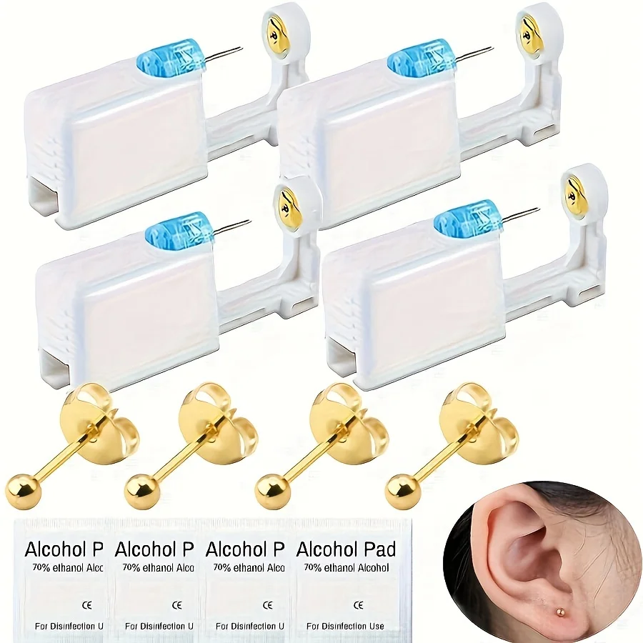 4Pcs Golden Ear Piercing Gun Kit Asepsis Disposable Healthy Safety Nose Earring Piercer Tool Set Machine Kit Studs Body Jewelry