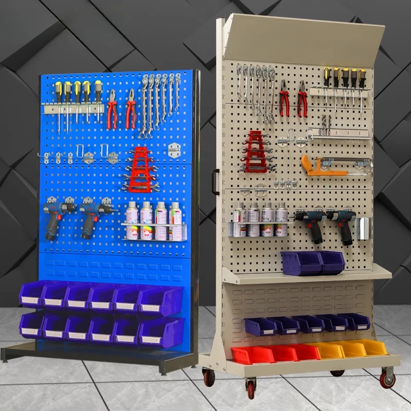 

Steel Tool Organizer Double-Sided Display Rack Mobile Workshop Screw Parts Storage Pegboard Shelf Office Furniture Estante FYTR