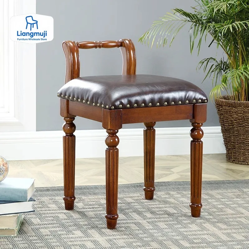 

American Dressing Stool European Style All Solid Wood Makeup Back Dresser Chair Cloth Soft Bag Simple Chairs for Bedroom
