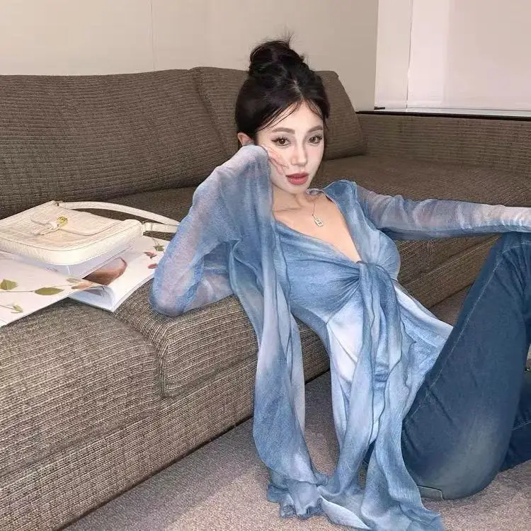 Sexy Women Tie Dye Mesh Sheer T-Shirt V Neck Flared Long Sleeve Slim Fit Tees Fake 2 Pieces Front Bandage Tshirt Y2K Streetwear