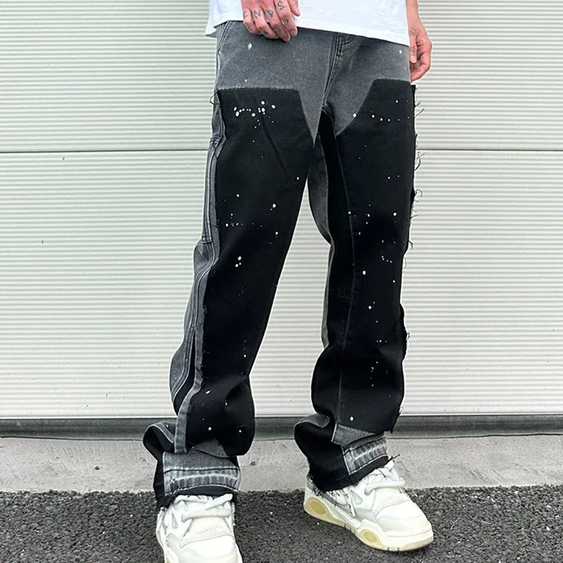 Streetwear Speckled Ink Color Match Y2K Baggy Jeans for Men Patchwork Rage Fringe Micro Denim Trousers Oversized Loose Cargos