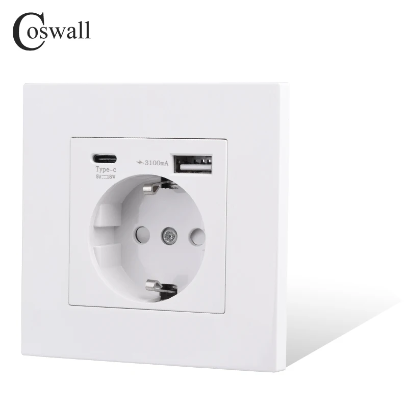 COSWALL EU Wall Power Socket Grounded, Black Plastic Panel With 18W Type-A & C Dual USB DC 5V 3A QC 3.0 Fast Charger