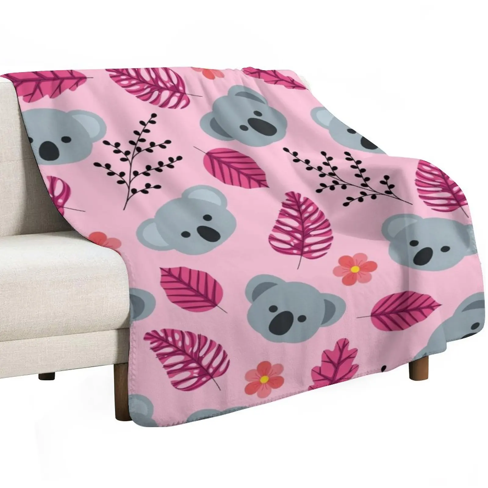 Koalas in the Forest (pink) Throw Blanket Flannel Giant Sofa Polar Decoratives Soft Big Flannel Fabric Blankets