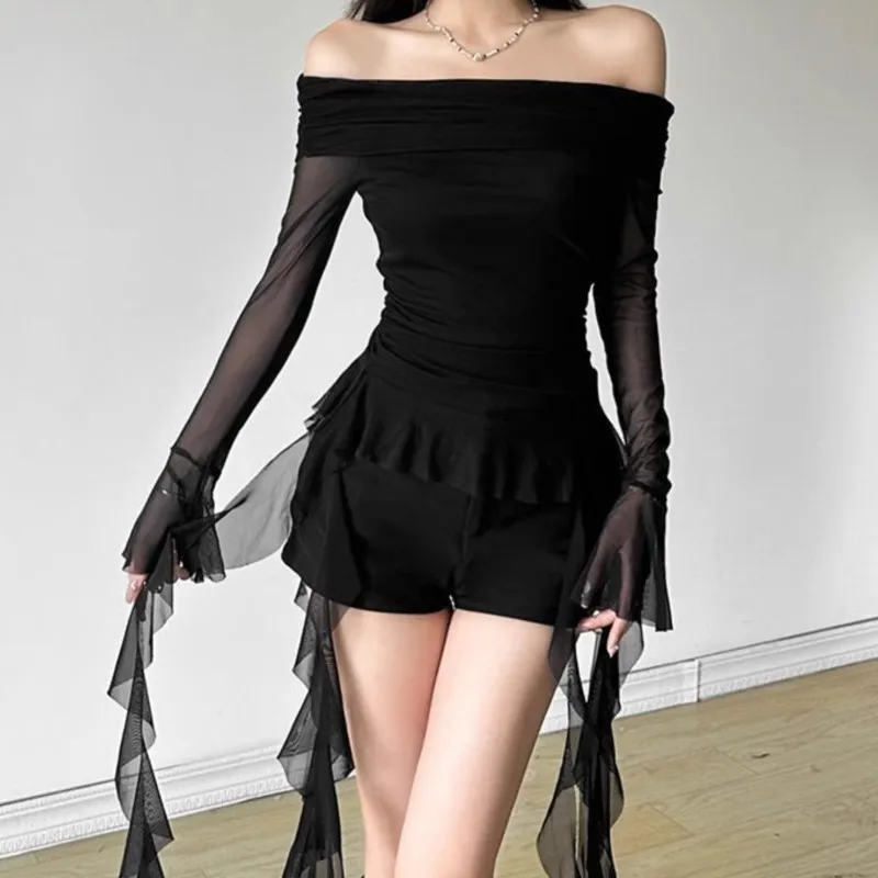 Sweet Spicy Ruffled One-shoulder Long-sleeved T-shirt For Women Slimming And Shaping Hot Girl Top