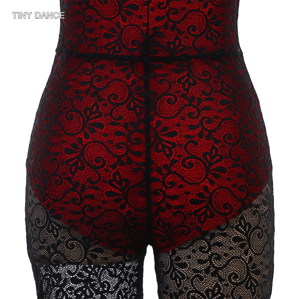 Traje de actuación de danza lírica o contemporánea para niños y adultos Corpiño de leotardo de spandex rojo con pantalones de encaje negro 26126