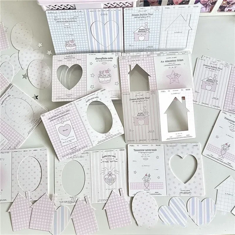 10pcs Ins Sweet Idol Photo Card Frame Heart Oval Hollow Paper Decoration Scrapbooking Collage Foldable Card Frame Stationery