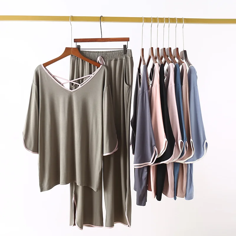 Wholesale European American Style MidSleeve Casual Set with Modal Fabric PantsDouble VNeck Featured Back Design Plus Size Loose