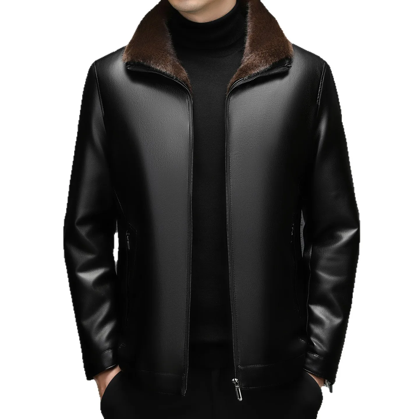 Men's Winter Genuine Leather Jacket Fleece-Lined Haining Sheepskin Lapel Warm Casual Outerwear for Middle-Aged And Elderly