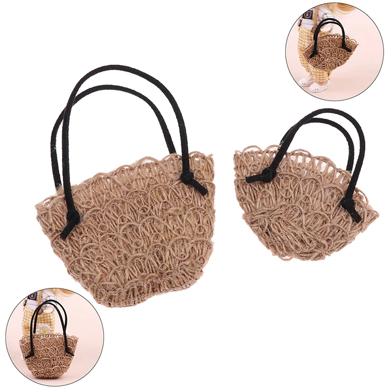 Miniature Dollhouse Weave Handbags Dollhouse Straw Shoulder Bag Summer Beach Weaving Bag Dolls Accessories