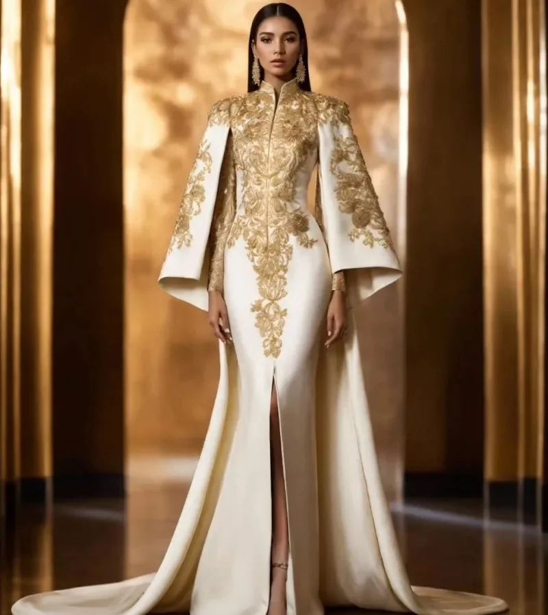 Slit Moroccan Kaftan Caftan Muslim Evening Dresses Mermaid Long Sleeves Appliques Dubai Arabic Abaya Islamic Gown Customized