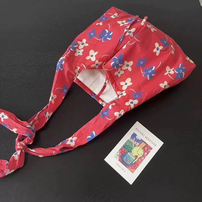 حقيبة كتف قماشية بنقشة زهور عتيقة للنساء، حقيبة كروس متعددة الاستخدامات بألوان متباينة، حقيبة يد كورية الطراز لصيف 2025 #2