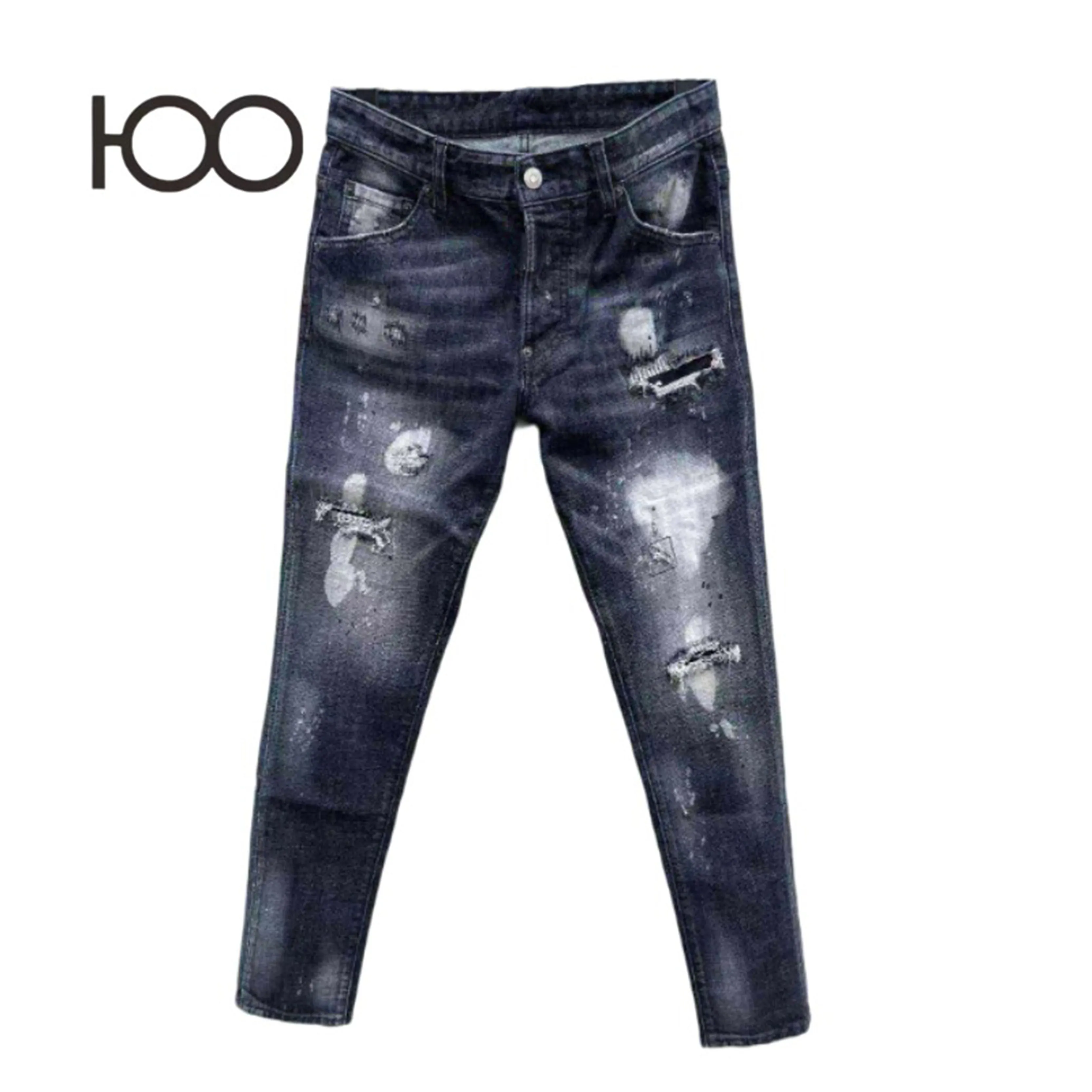 

100 C098 Men's Jeans Slim Fit Skinny Pants - Vintage Retro Washed Denim with Distressed Ripped Holes Fashionable Faded Multi-Sty
