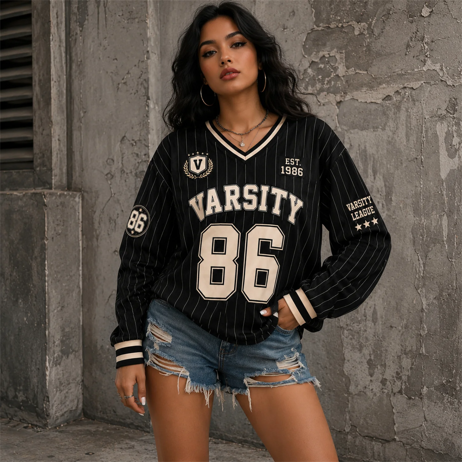 Varsity 86 Baseball Jersey Women Long Sleeve V Neck Vintage Sports Shirt Casual Streetwear Autumn Top