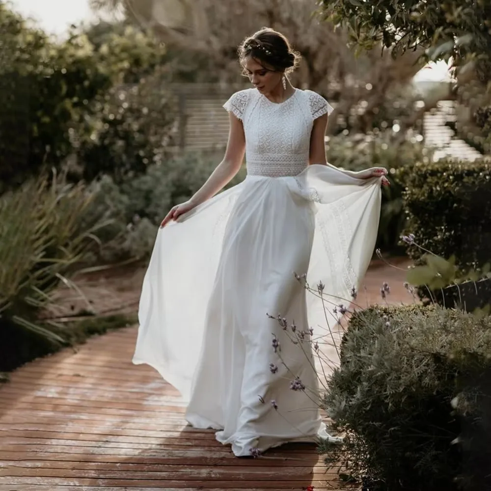 Lakshmigown Bohemian Hochzeitskleid mit Spitzenärmeln, Boho Langes Brautkleid aus Chiffon, Strand-Brautkleid, Robe De Marie, Maßanfertigung – Detail 6