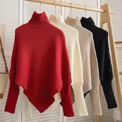 2024 Korea Autumn Winter Women Fashion Irregular Loose Knit Sweater Vintage High Neck Long Sleeve Female Pullovers Chic Tops