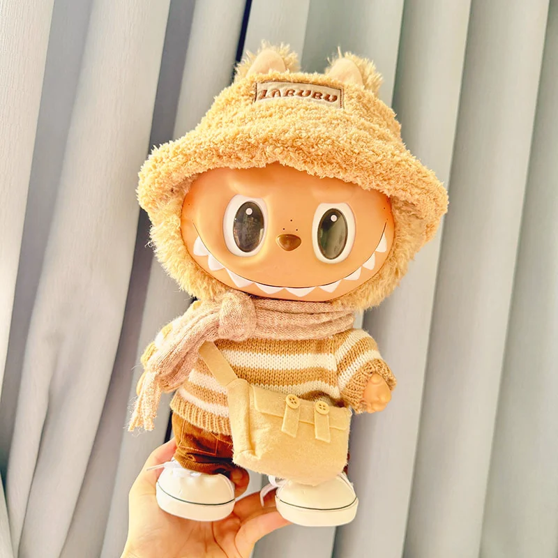 Hot Selling Only Clothes 38cm First Second Generation Labubu Doll Coffee White Striped Sweater Set Cute Decoration Birthday Gift