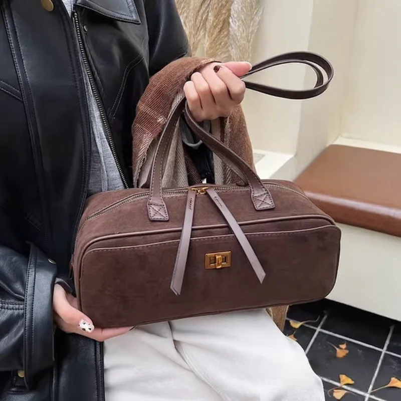 

Замшевая сумка-подушка в стиле ретро, дизайн с пряжкой, двойная молния, женская сумка подмышками, горизонтальная квадратная сумка через плечо Boston, сумка контрастного цвета