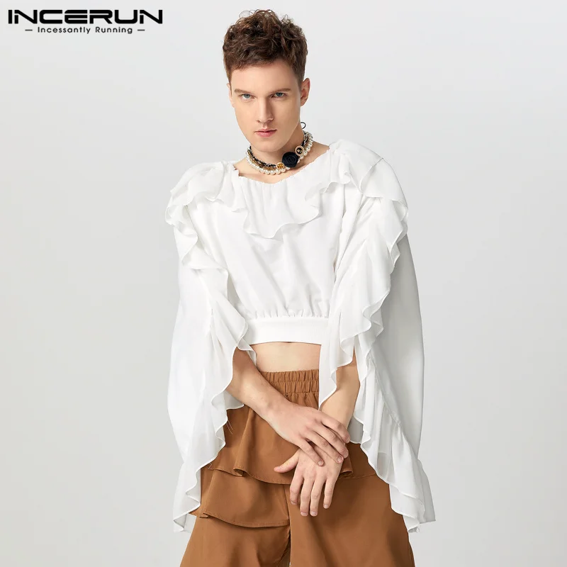 INCERUN Tops American Style Fashion Men's Deconstruction Solid T-shirt Sexy Curved Ruffled Edge Silhouette Long Sleeved Camiseta