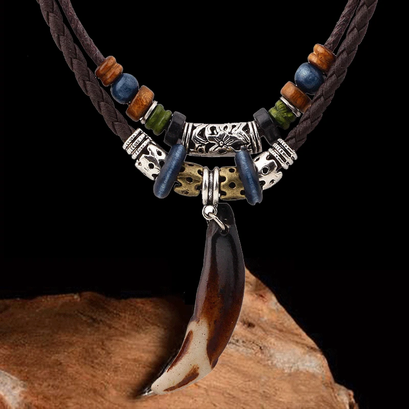 Bohemia Tooth Pendant Necklace for Men Women Beaded Weaved Leather Necklace Natural Style Initial Necklaces Jewelry Mens Gifts image 3