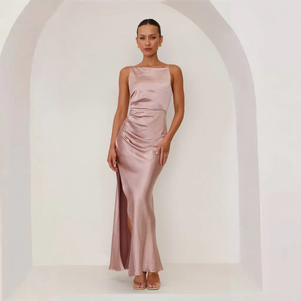 

Women's Elegant Dress With Lace Up Pleats Sexy High Waisted Slit Solid Color Slim Fit V-neck Suspender Spring Summer Dress