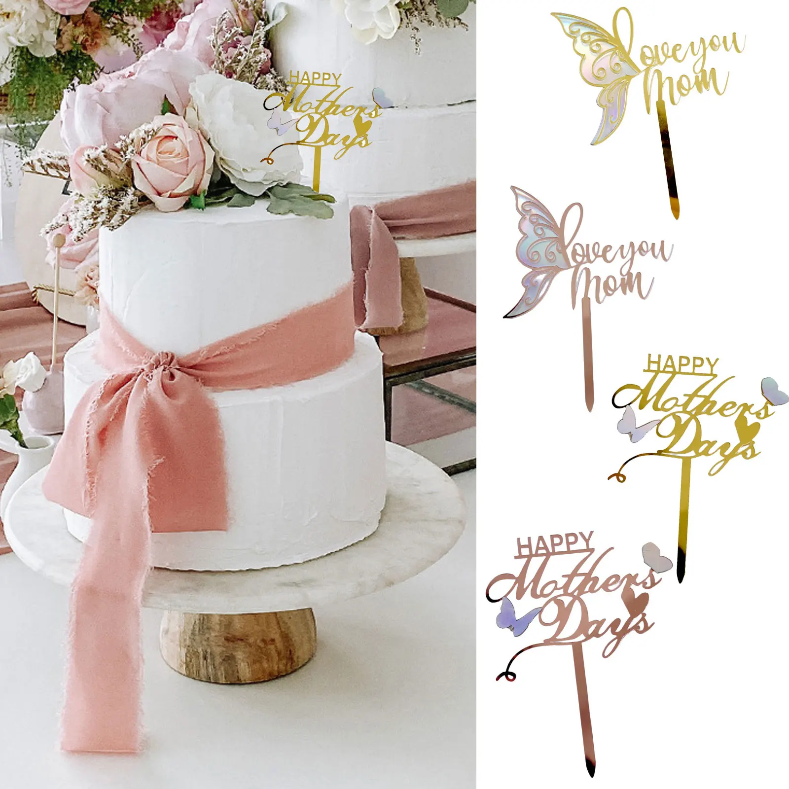 

Happy Mother's Day Cake Topper Decoration Acrylic Heart Butterfly Cake Toppers For Mother's Day Gift Cupcake Dessert Supplies