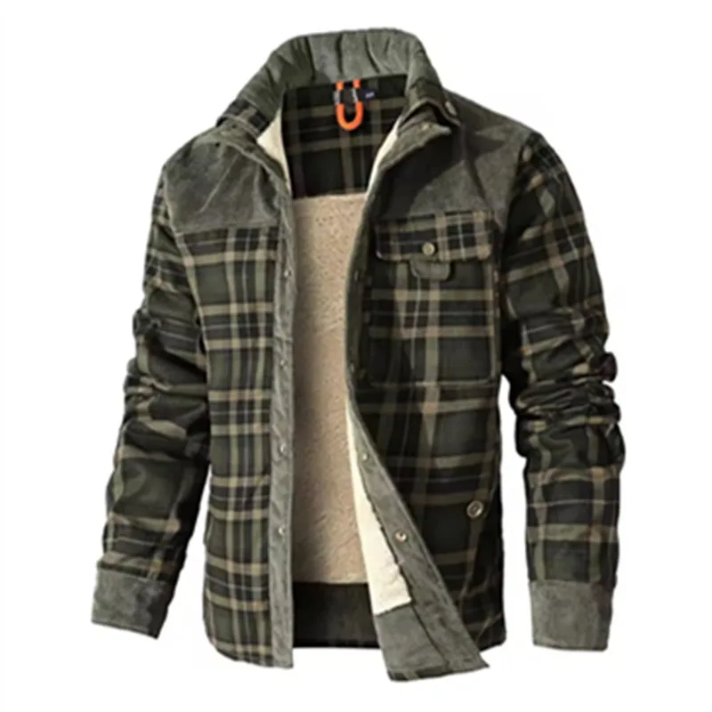 Winter Plaid Fleece Lined Jacket for Men Thick Warm Cotton Coat Autumn Casual Multi Pockets Outerwear for Daily Outdoor Wear