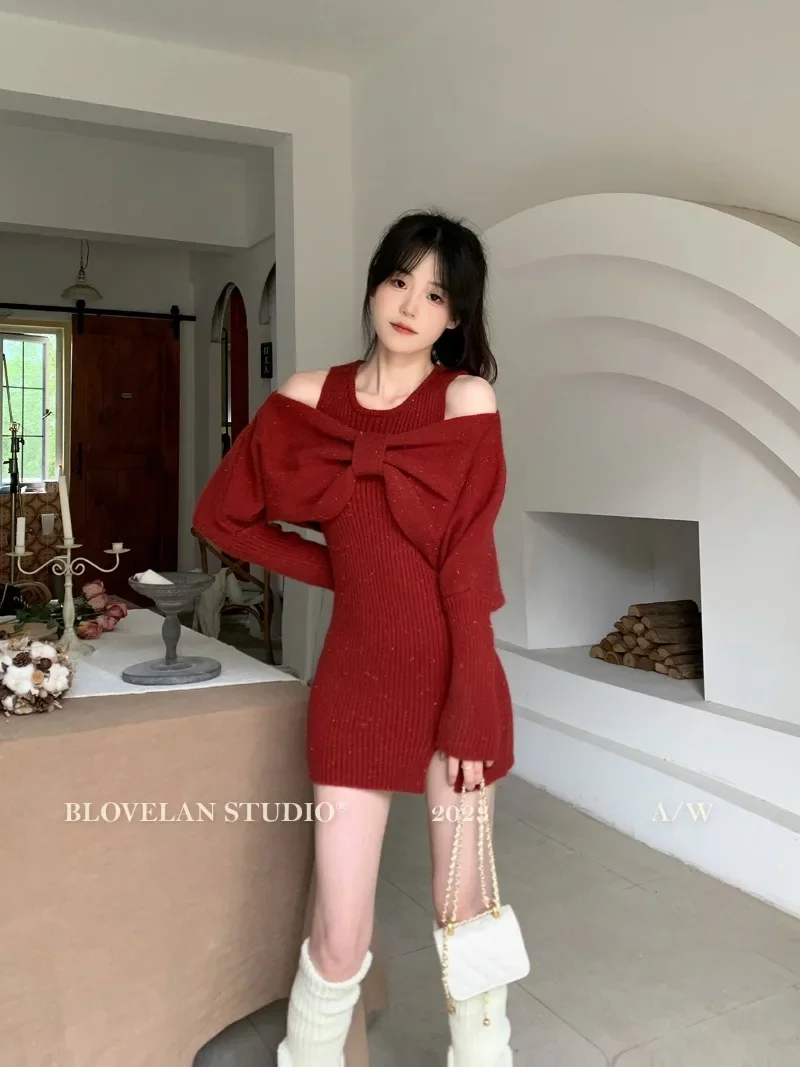 

Sweet Hot Girl Knitted Suit Women's Autumn Bow Off Shoulder Sweater Slim Sleeveless Dress Two-piece Set Fashion Female Clothes