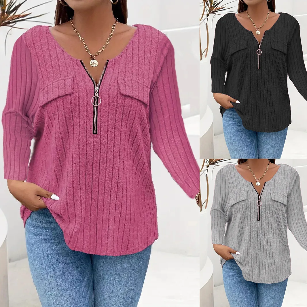 

5XL плюс размер однотонная футболка на молнии спереди для женщин осень 2025 зима с v-образным вырезом и длинным рукавом в рубчик повседневные футболки женские топы