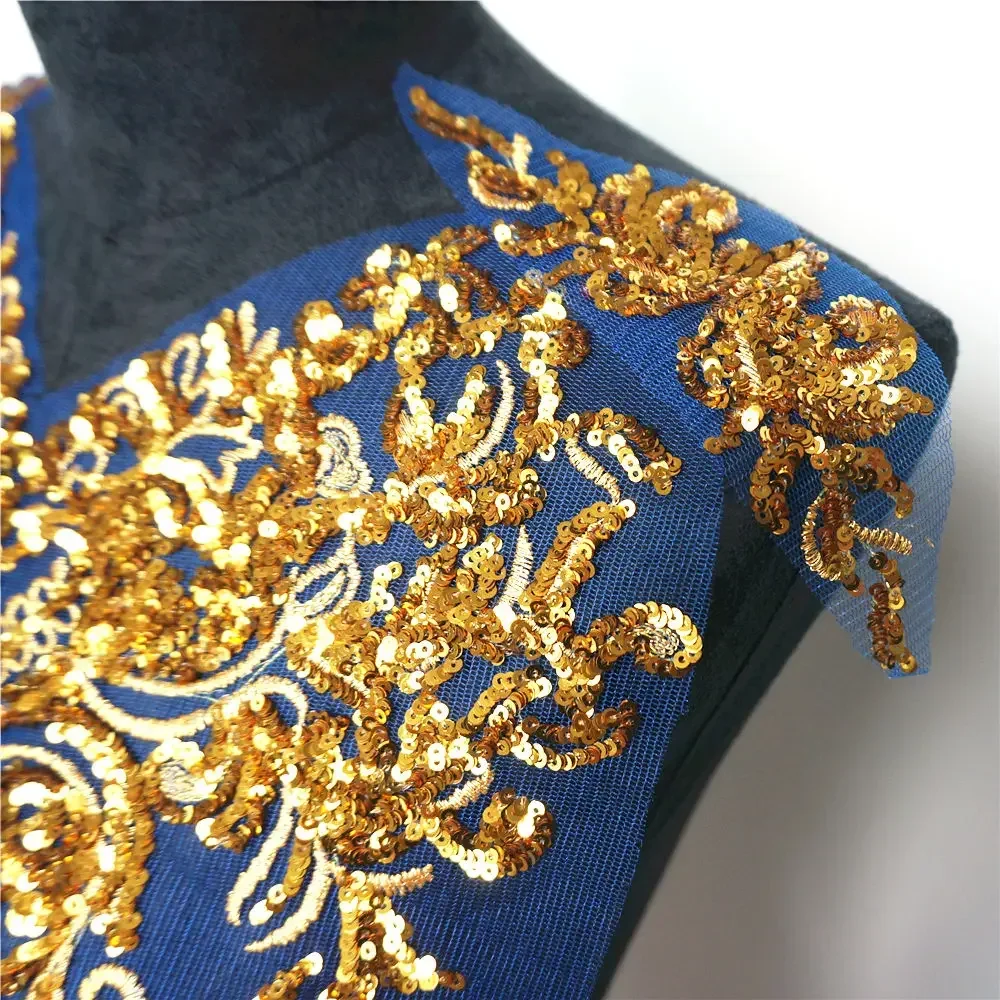 1 Set Gold Sequined Appliques Red Blue Black Mesh Epaulette Embroidery Lace Fabric Wedding Sew On Patch For Dress DIY Decoration