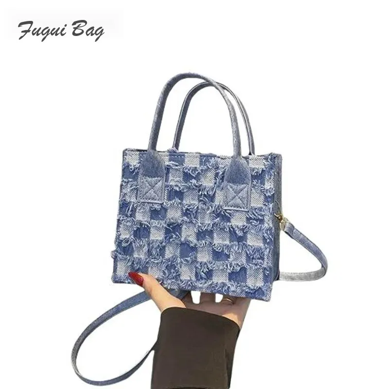 Trendy Personalized Denim Fabric Plaid Fashion 2024 New Style Simple Crossbody Bill Of Lading Shoulder Square Bag For Women