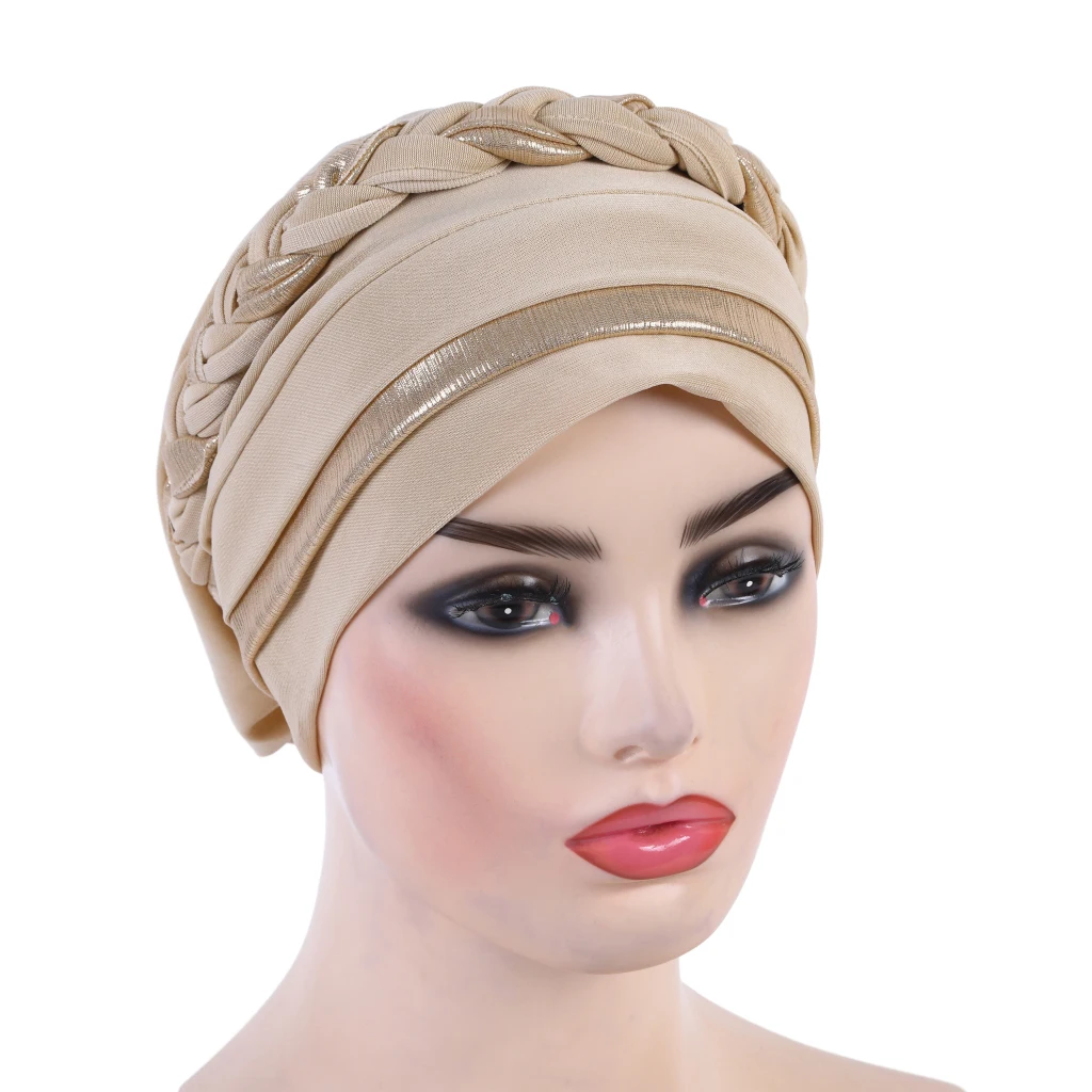 Full Cover Muslim Turban Hijab With Braid Pull On Islamic Scarf Headwrap Inner Hats Bonnet  Headcover