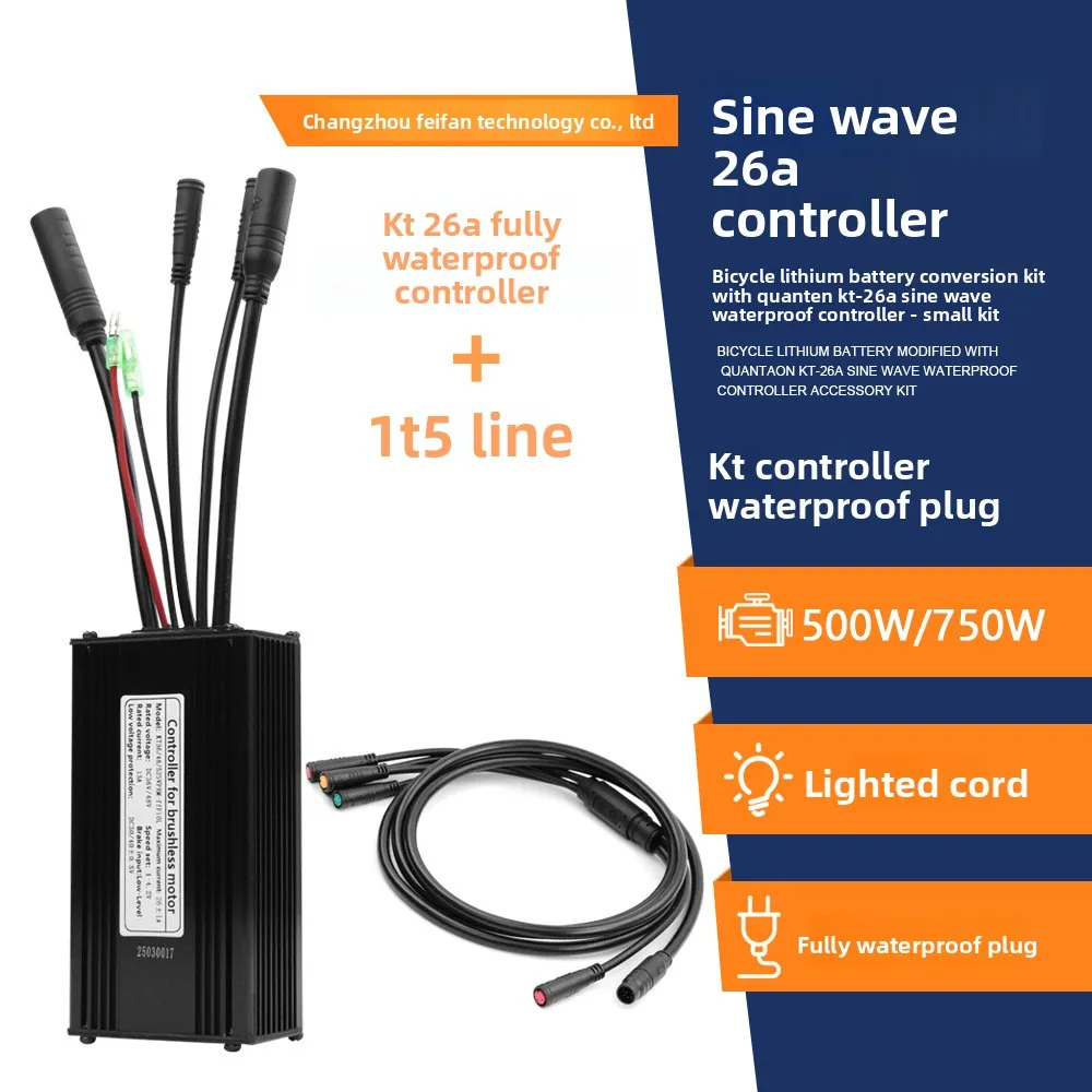 Batería de Litio para Bicicleta de Montaña, Conector Impermeable Quantum KT-26A Modificado con Cable de Luz, Controlador de Onda Sinusoidal, Cables 1T5