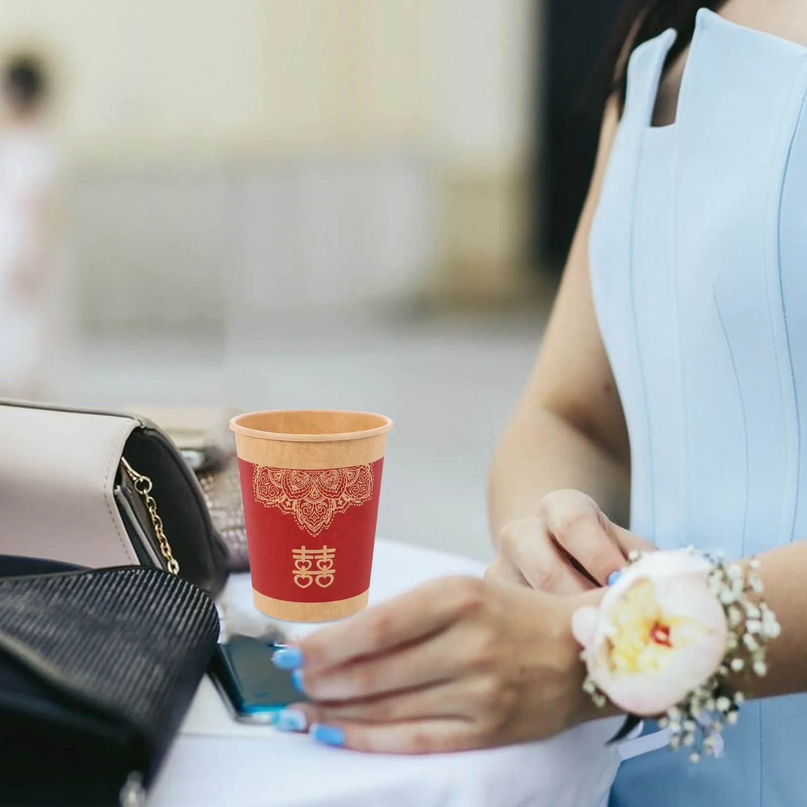 

50Pcs Wedding Paper Tea Cups Double Happiness Chinese Design Disposable Coffee Drinkware for Reception Party Supplies