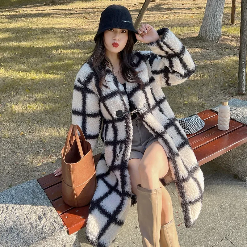 

Thick Warm Fur Spliced Plaid Streetwear Women Open Stitch Lamb Wool Faux Fur Ankle Length Coat Wide Waisted Cardigan Loose