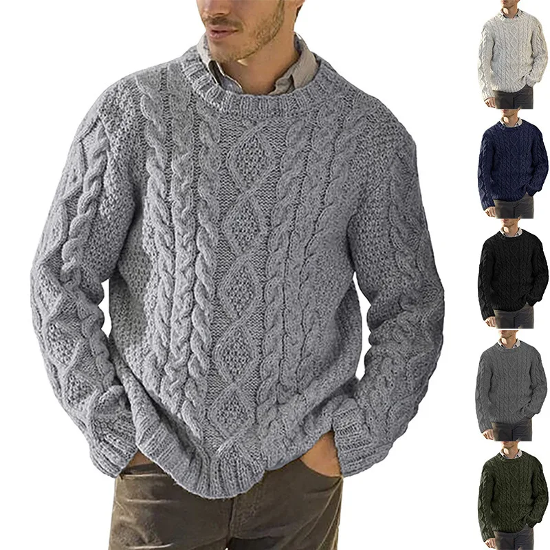 Camisola masculina com gola redonda, malha de manga comprida, roupa masculina grande, malha monocromática europeia e americana, nova moda de rua, outono e inverno