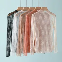 Chemise en dentelle florale pour femmes, manches longues, Sexy, chemises à bascule en maille, col montant, T-Shirt, pull, nouvelle collection printemps automne 2