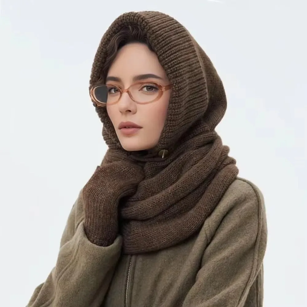 Simple Wool Blend Knitted Balaclava Hat Solid Color Warm Hat and Scarf 2-in-1 Beanie Soft Earflap Hat Outdoor