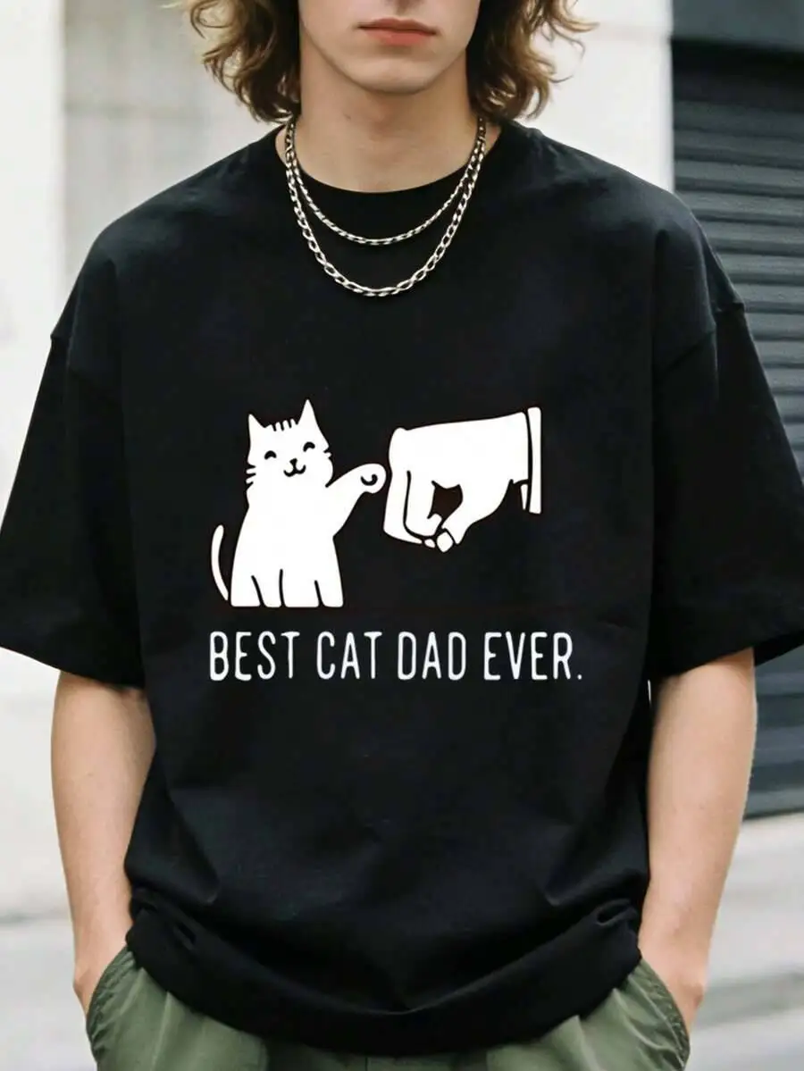 1Pc Mens Clothes Cat Fist Bump Print Black Tshirt, Unisex Crew Neck Tshirtfor Spring/Summer/Fall Father's Day/Valentine's 100%