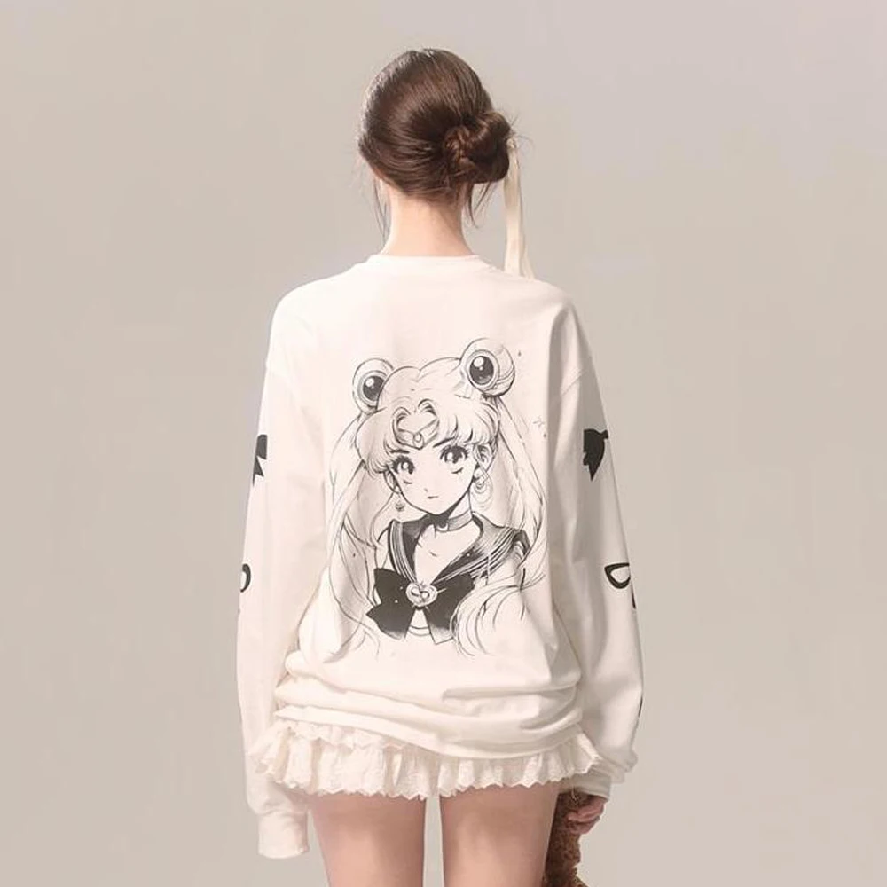 Sailor Moon Long Sleeve T Shirt 100% Cotton Oversized Tee Back Manga Print Casual Loose Mid Length Tops Streetwear for Ladies