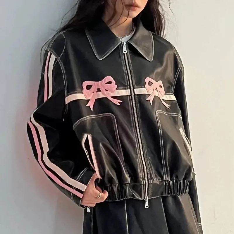 Contrast Hip Hop Spice Girl Pink Bow Harajuku Motorcycle Leather Warm Jacket Loose Fashion Advanced Retro Design Zipper Coat PU