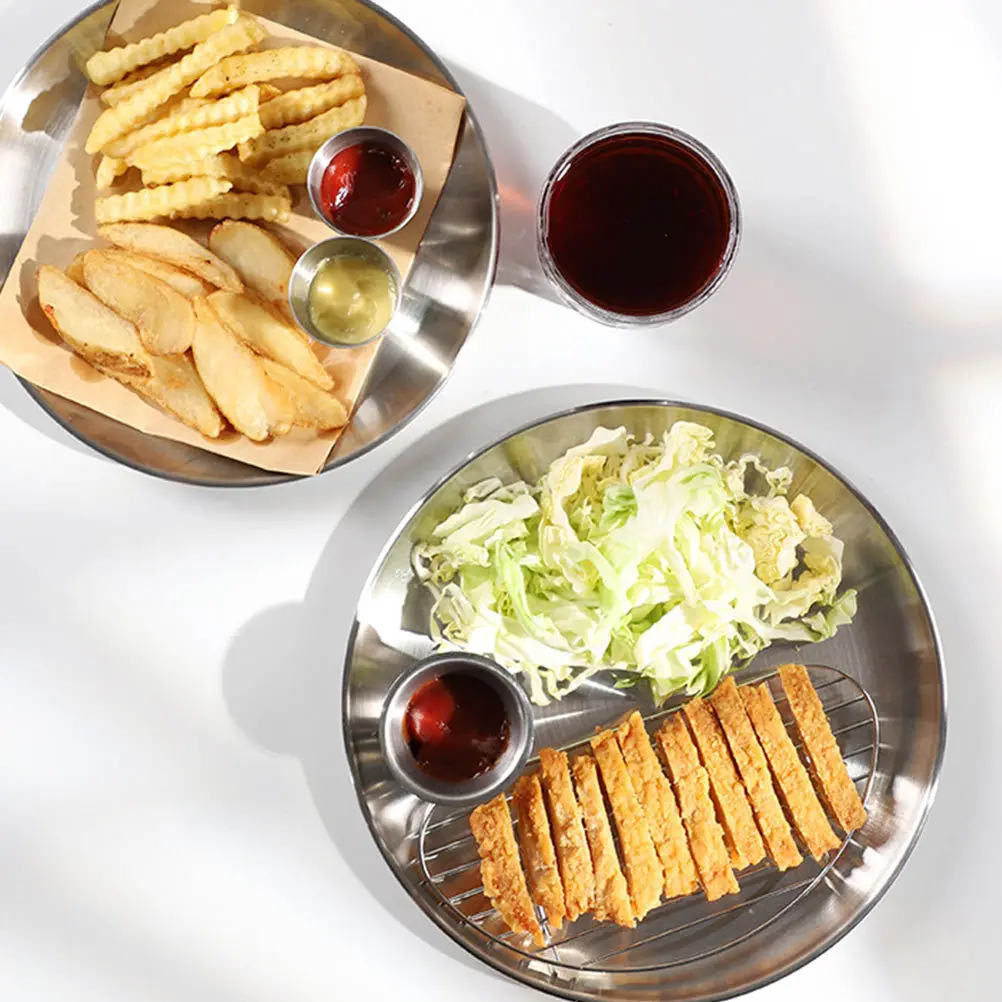 

2Pcs Stainless Steel Round Plate Practical Oil Drain Dessert Tray Serving Rack for Fried Chicken Salad Cake Snacks