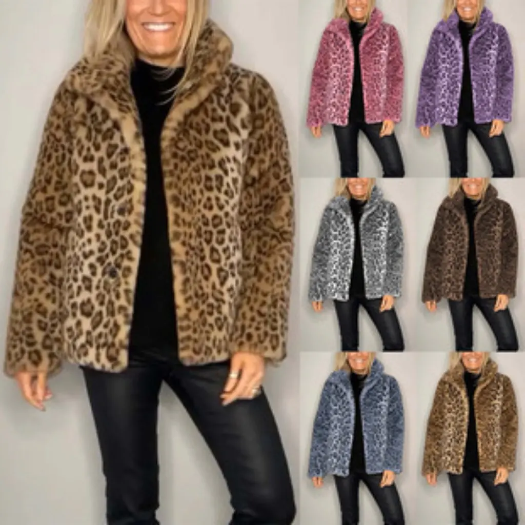 

Winter New Fashionable Ladies' Coat Independent Station Hot Sale Leopard Print Collar Faux Fur Woolen Top For Women