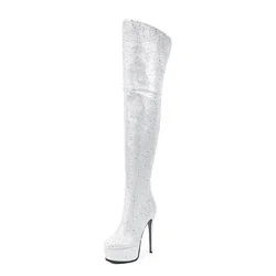 European and American High-heeled Thick Soled Punk Style Back Zipper Knee High Boots for Women's Sexy Rhinestone Stage Boots