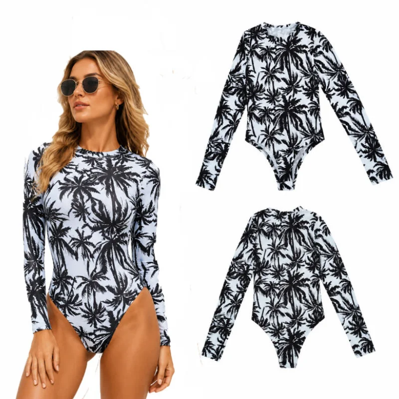 Women Tropical Palm Tree Print One Piece Swimsuit Long Sleeve High Cut Bodysuit Surfing Beachwear Summer Water Sports Bathing
