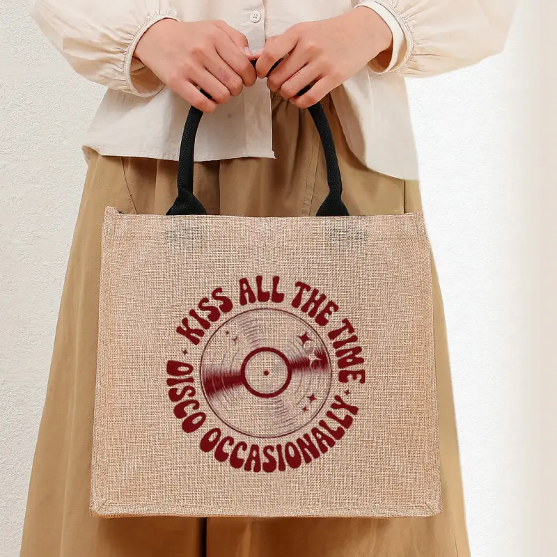 Kiss All The Time. Disco Occasionally Linen Tote Bag Durable Closure for Shopping Travel Outdoor Bags Album Merch Tour Gift