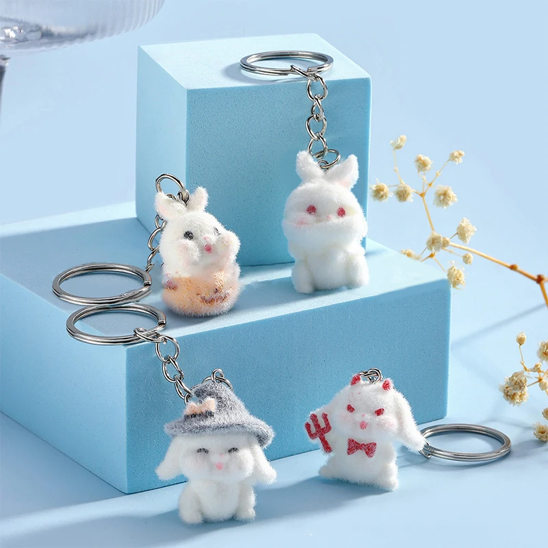 Cute Cartoon Three-dimensional Flocking Funny Bunny Keychain Cute Animal Rabbit Bag Pendant Lovely Car Keychain Accessories Gift