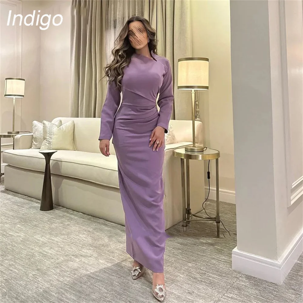 Indigo Prom Dresses Mermaid Long Sleeve Zipper Pleat Crepe Ankle-Length Simple Elegant Evening Gown Women فساتين الس  Customized